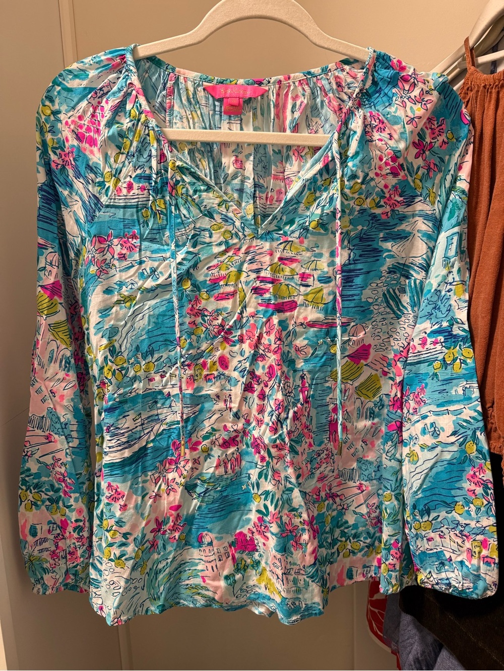 Lilly Pulitzer Turquoise Pink Floral Drawstring Peasant Top